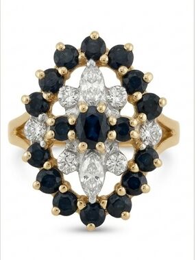 14k marquise shaped diamond and blue sapphire ring size 7